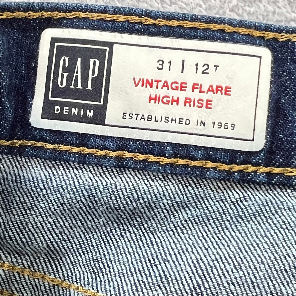 GAP Vintage Flare High Rise Jeans 31 12 Tall Dark Wash Rinsed Raw Hem Stretch - Picture 4 of 10